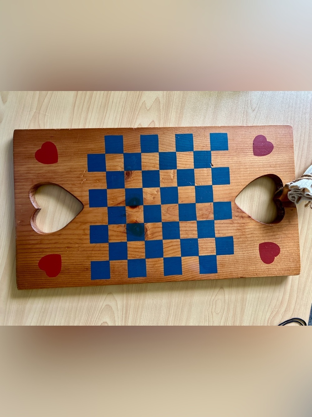 Handmade Wooden Checkerboard with Heart Cutouts & Matching Heart Checker Pieces